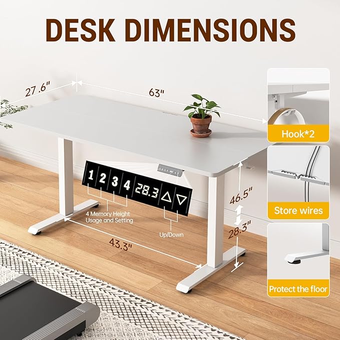 Veken 63x27.6 Inch Large Electric Standing Desk, 4 Memory Heights Adjustable - Image 2