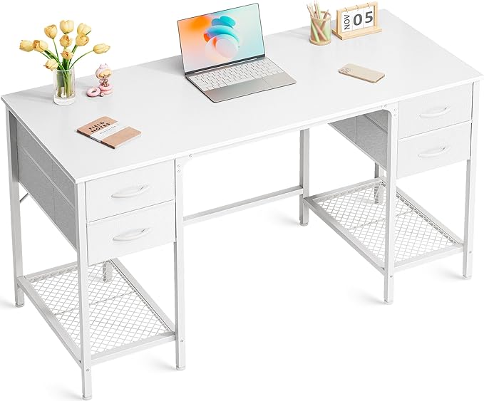 Huuger 47 Inch White Desk with 4 Drawers, Vanity Desk with Mesh Shelf, Study by Huuger