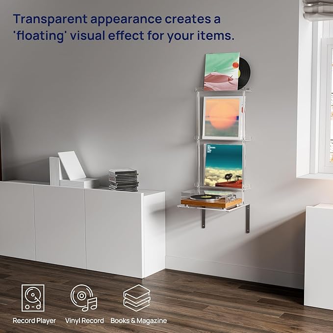 HMYHUM Wall Mounted Acrylic Record Player Stand, 15.6" L x 11.6" W x 40.2" H - Image 6