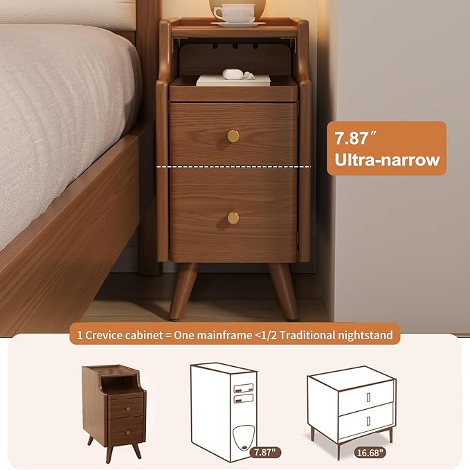 Small Nightstand with Drawers, Solid Wood Bedside Table, Narrow Walnut - Image 4