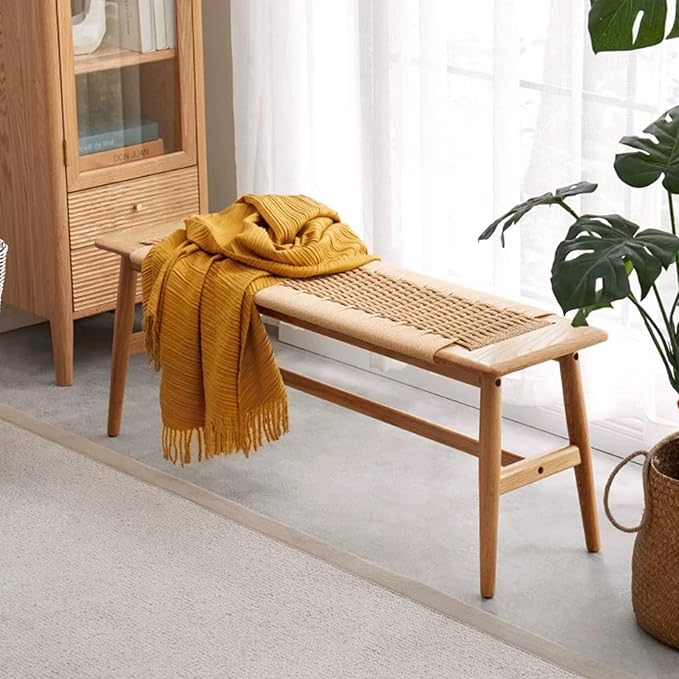 Solid Wood Entryway Bench, Wooden Dining Bench Stool w/Hand-Woven Top, End of - Image 6