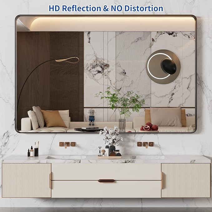 WEER 55X36 Inch Black Metal Framed Bathroom Mirror, Rounded Rectangular Matte - Image 2