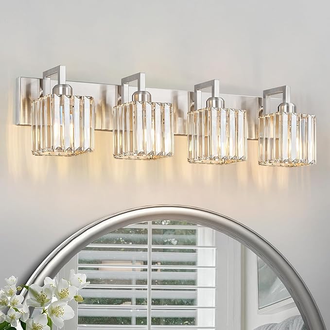 Modern Bathroom Vanity Light 4-Lights Brushed Nickel Vanity Light Crystal Wall - Image 8