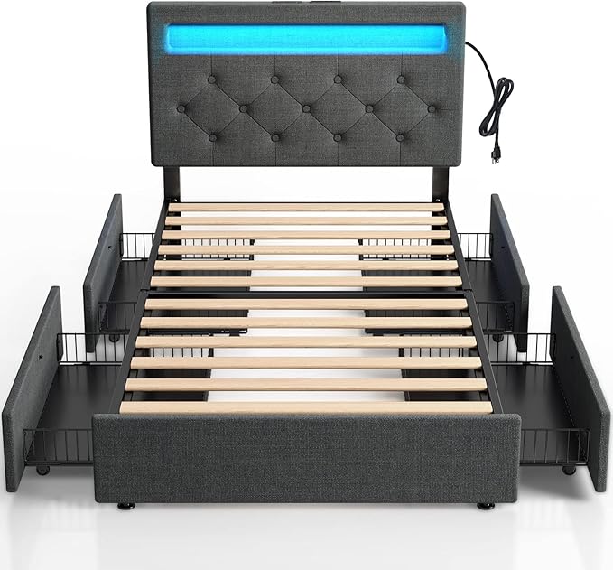 Rolanstar Twin Bed Frame with 4 Storage Drawers and Charging Station, Twin Bed by Rolanstar