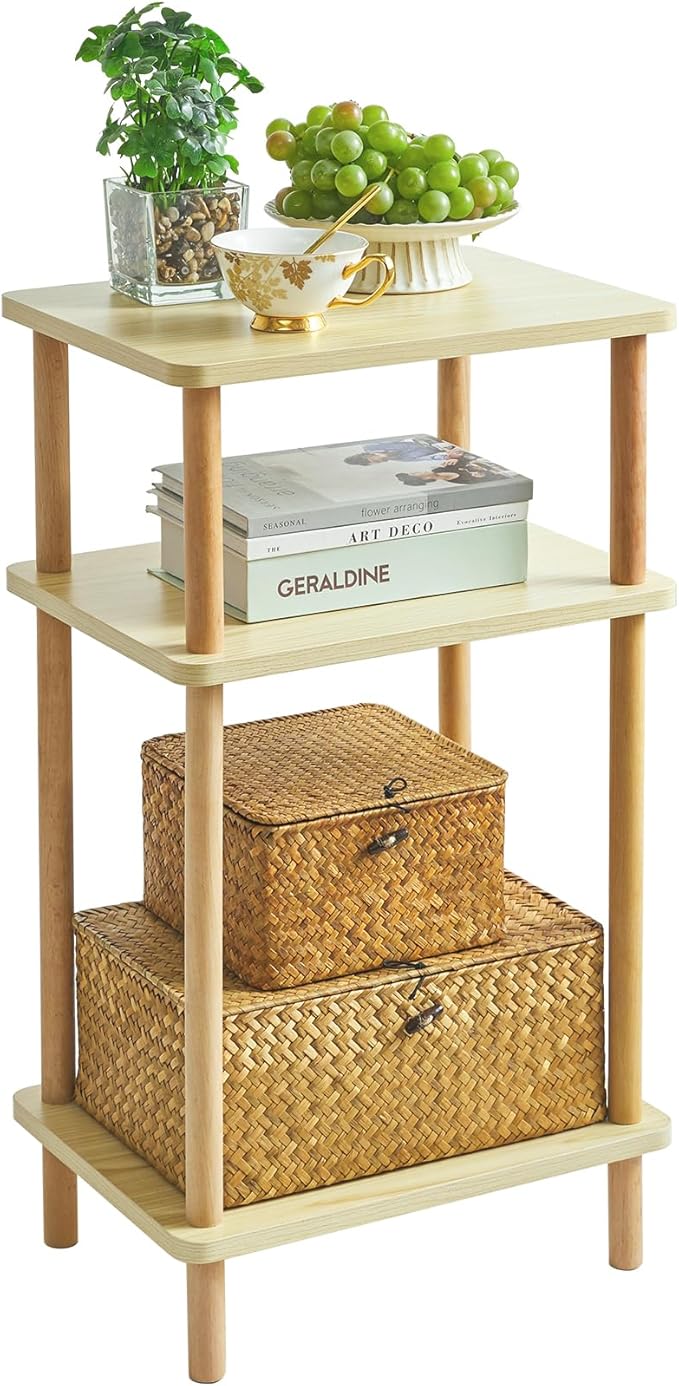 IBUYKE 3-Tier Side Table, Solid Wood Tall End Table by IBUYKE