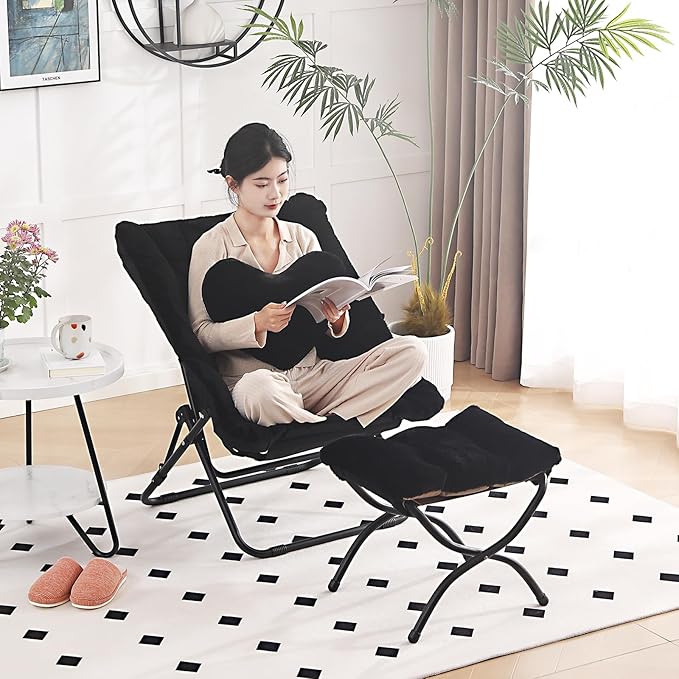 Comfy Saucer Chair with Ottoman, Oversized Folding Faux Fur Chair Soft Furry - Image 3