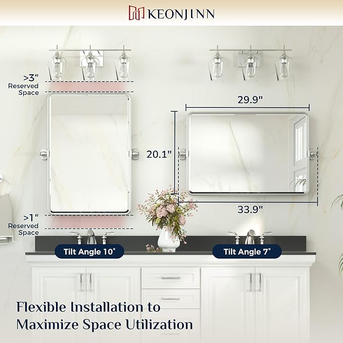 Keonjinn 20 x 30 Inch Tilt Mirror Bathroom, Satin Nickel Metal Pivot Mirror - Image 4