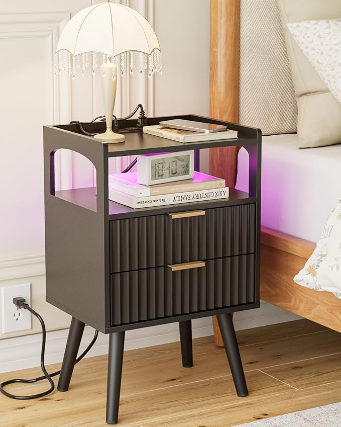 Nightstand with Charging Station, Small Bedside Table with Gold Frame, Morden by AEPOALUA