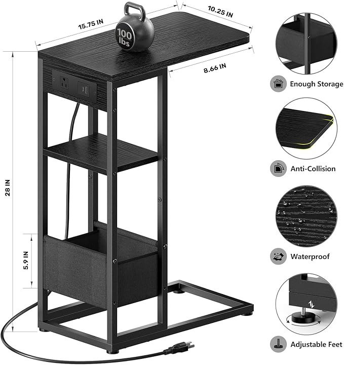 C Shaped End Table with Charging Station, Small Side Table - Image 3