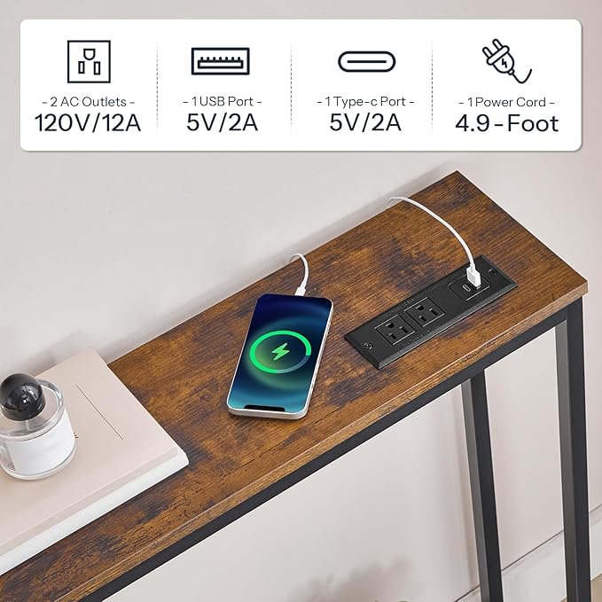 HOOBRO 63" Console Table with Charging Station, 2-Tier Extra Long Sofa Table - Image 6