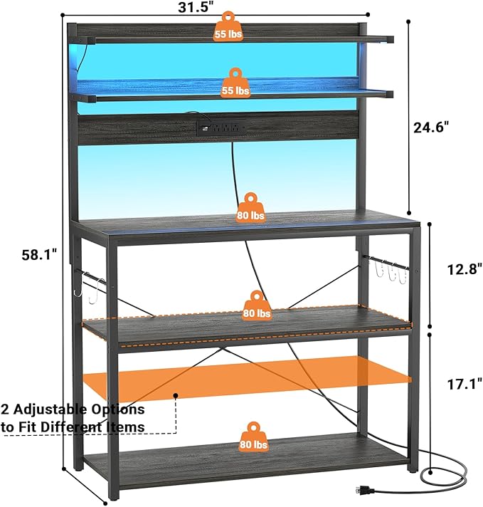Aheaplus Bakers Rack with Power Outlet, Microwave Stand, 5 Tiers Coffee Bar - Image 7