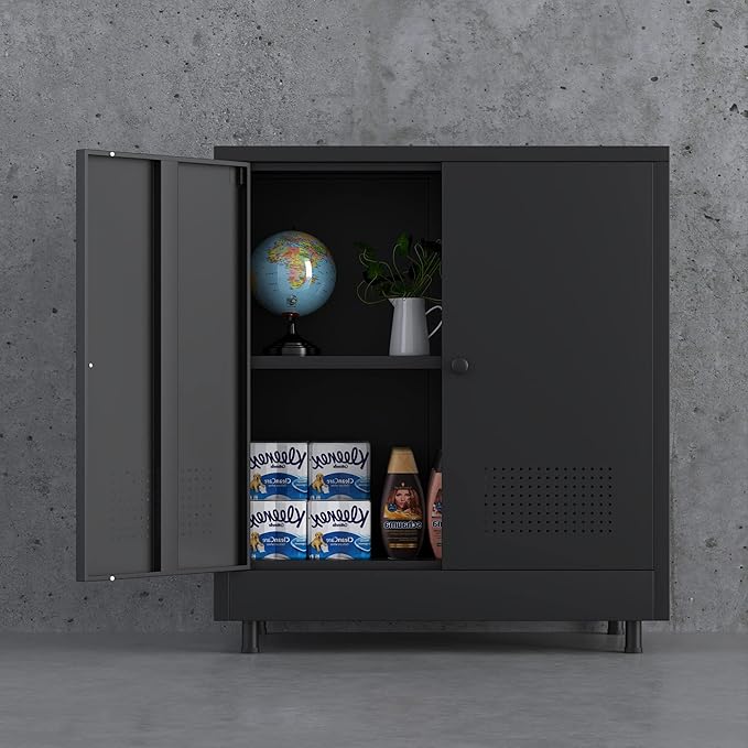 Metal Storage Cabinet with 2 Doors and Adjustable Shelf, Steel Accent Sideboard - Image 8