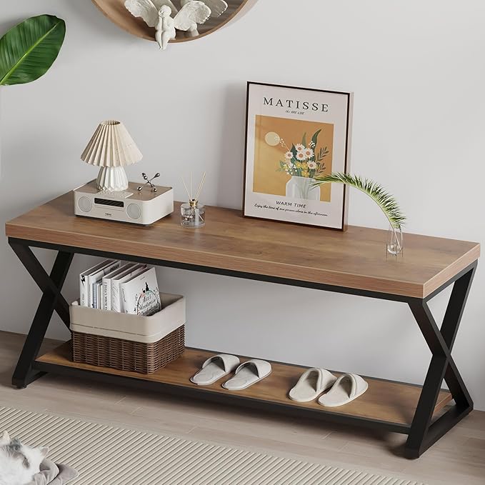 IBF Wood Entryway Bench, Wooden and Metal Bedroom Indoor Bench, Industrial Shoe by IBF