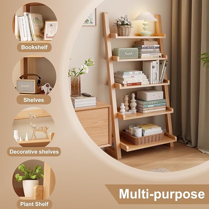 5-Tier Ladder Bookshelf, H 55" Leaning Bookshelf Storage Rack Organizer - Image 3