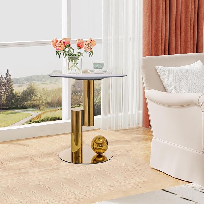 White Gold Round Side Table, 19.7" Faux Marble Sofa End Table, Modern Nightstand - Image 9