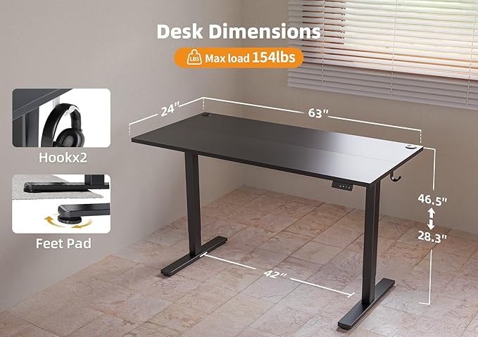 Seang Standing Desk with Adjustable Height, 63x24 Inch Electric Stand Up Desk - Image 3