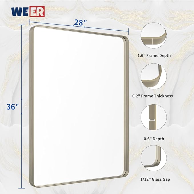 WEER 28X36 Inch Brushed Nickel Bathroom Mirror, Brushed Silver Metal Frame - Image 6