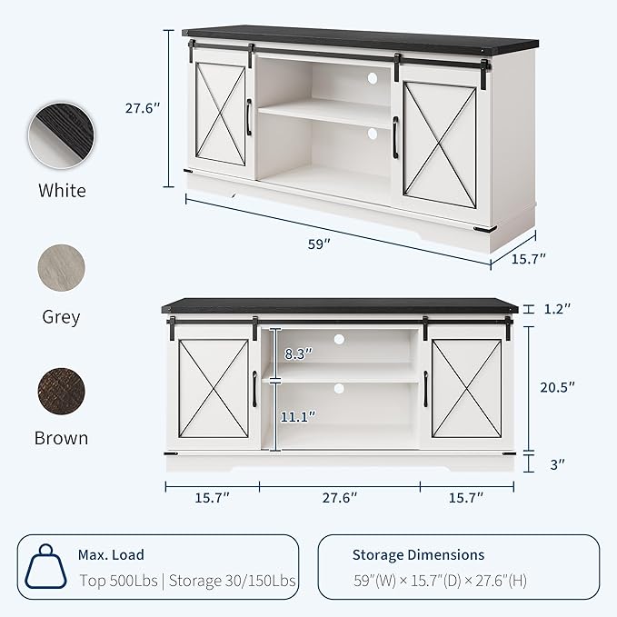 GAOMON Farmhouse 59" TV Stand Up to 65 Inches, Mid Century Modern TV - Image 2