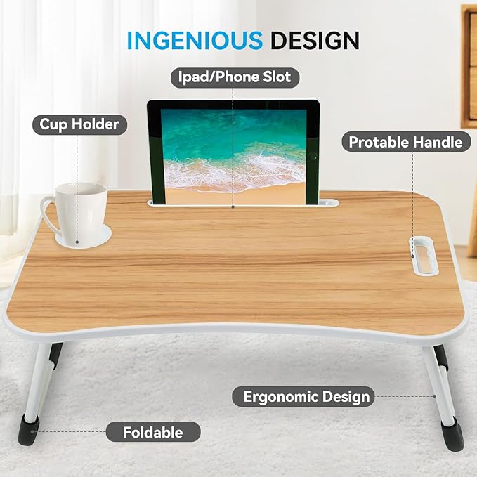 BUYIFY Folding Lap Desk, 23 Inch Portable Wood Yellow Laptop Bed Desk Lap Desk - Image 4
