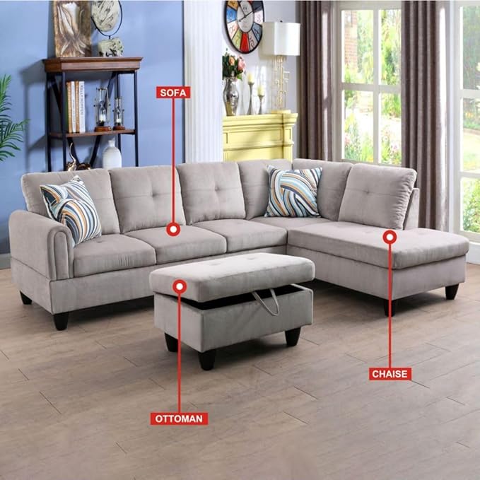 Grey White L-Shaped 3-Piece Corduroy Sofa - Image 3