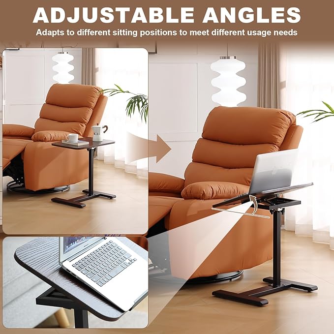 Solid Wood C-Shaped Side Table, 360° Rotating TV Tray Table, Height-Adjustable - Image 3