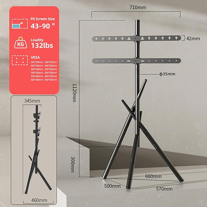 Easel Art TV cart for 43-90 inch TVs Triangular 3-Leg TV Cart - Image 2