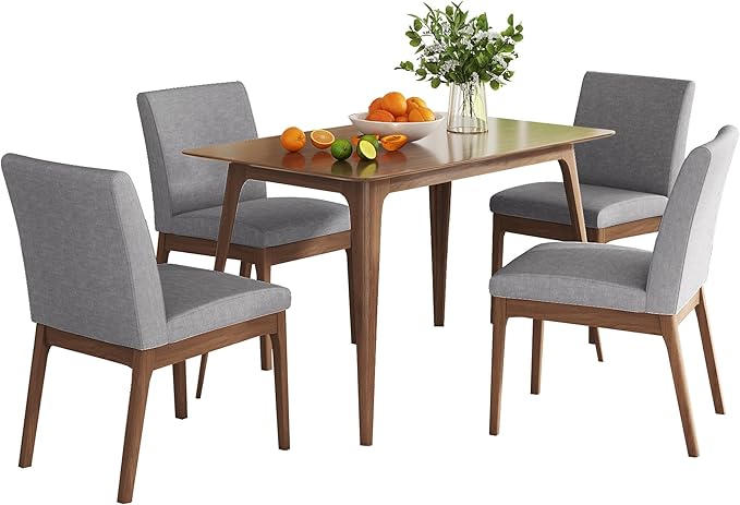 Dining Table Set for 4, Solid Rubberwood Upholstered Chairs, Mid-Century Modern - Image 4