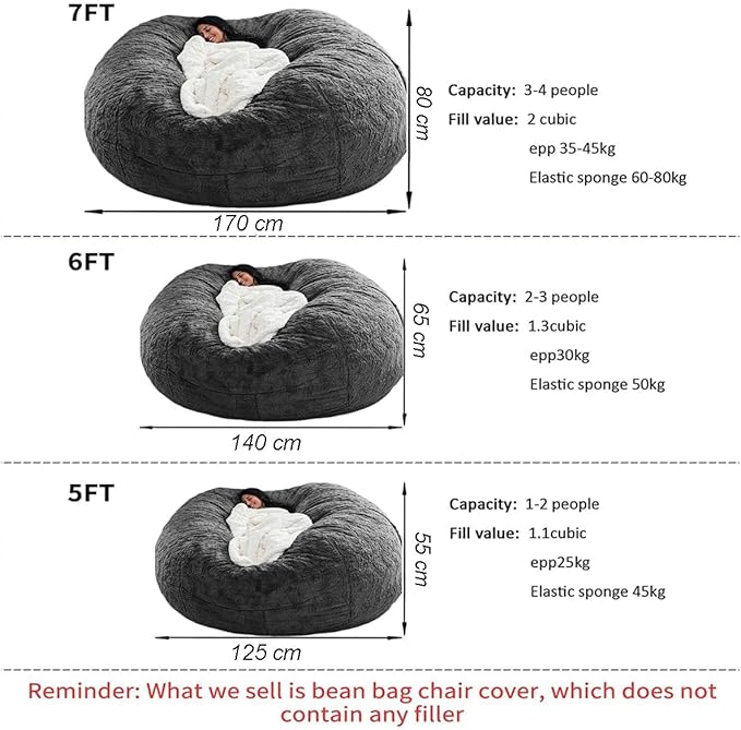 Bean Bag Chair Cover for Adults Kids Comfy Fluffy Giant Round Beanbag Cover - Image 2