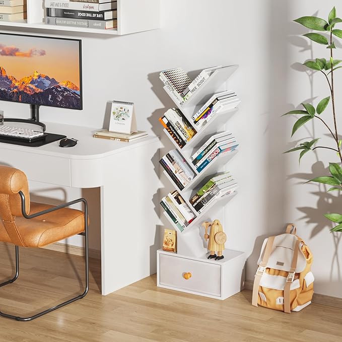 8 Tier Tree Bookshelf with Drawer, Free Standing Wood Bookcase - Image 6
