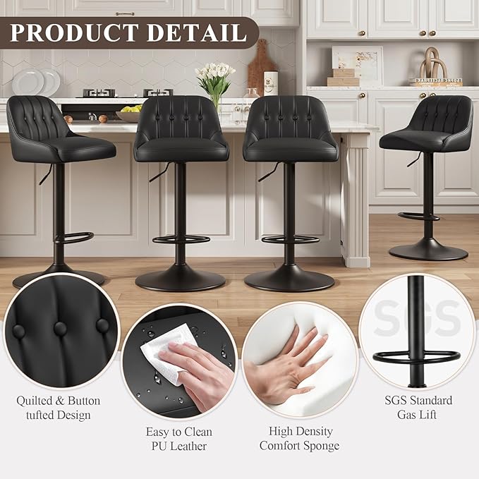 Bar Stools Set of 1, Swivel Bar Chairs, Modern Adjustable PU Leather - Image 3