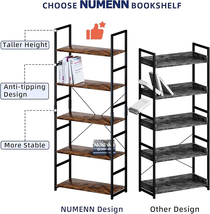 NUMENN 5 Tier Bookshelf, Tall Bookcase Shelf Storage Organizer, Modern Book - Image 7
