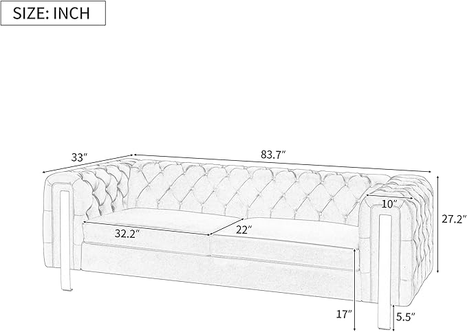 Merax Comfy 3-seat Sofa with Tufted Back and Arm and Gold Iron Legs, Modern - Image 2