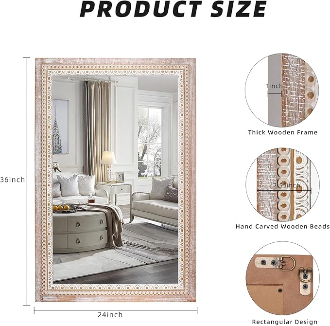 36x24 Inch Wooden Rectangle Bathroom Mirror - Image 3