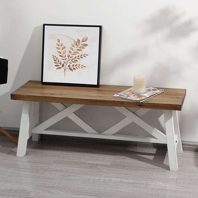 Wnutrees 43" Farmhouse Wood Bench, Rustic Solid Wood Entryway Bench Seat by Wnutrees