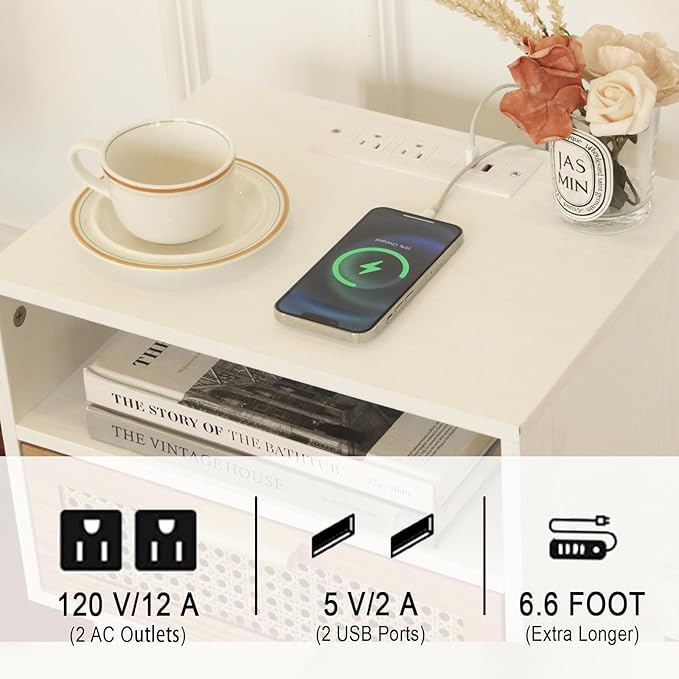 MaxSmeo Nightstand with Charging Station, Bedside Tables with Rattan Drawer - Image 4