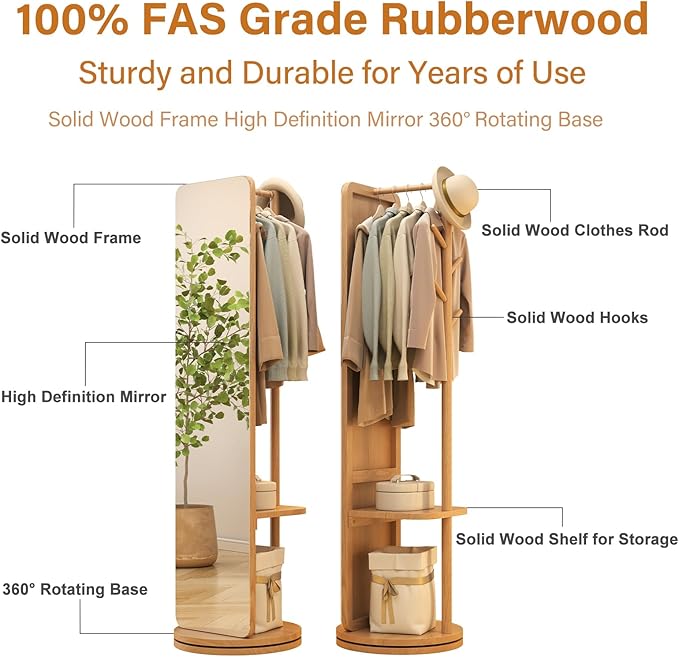 70"x16"Full Length Mirror with Stand, Coat Rack with Mirror, Solid Wood Floor - Image 5