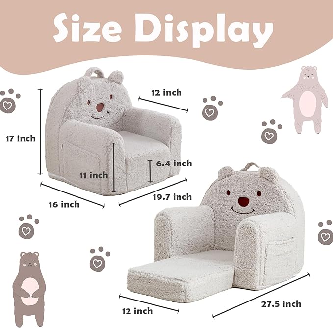 Toddler Chair, Sherpa Bear Kids Chair, Toddler Couch Fold Out, Children Reading - Image 3