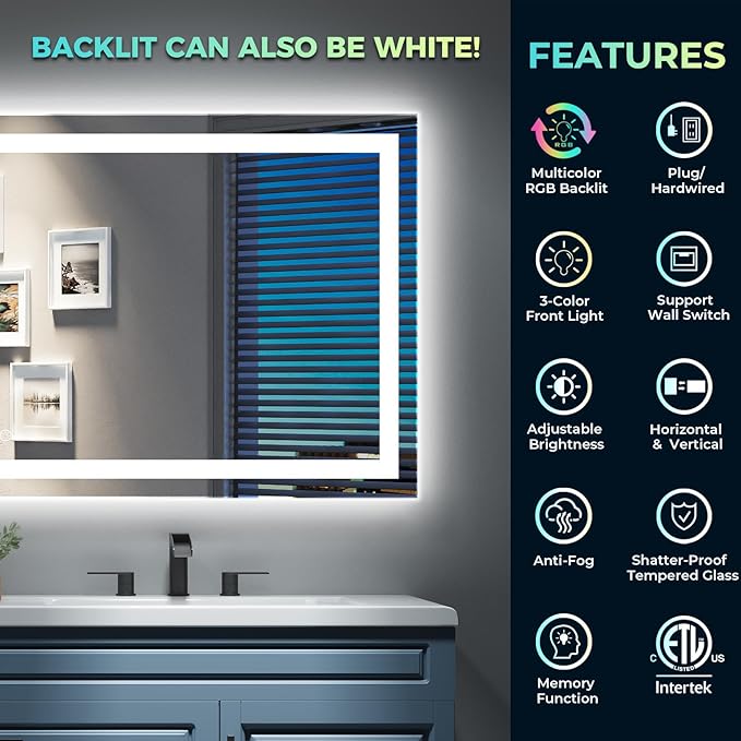 40x36 Inch RGB LED Bathroom Mirror Front Light and RGB Backlit Lighted Vanity - Image 2
