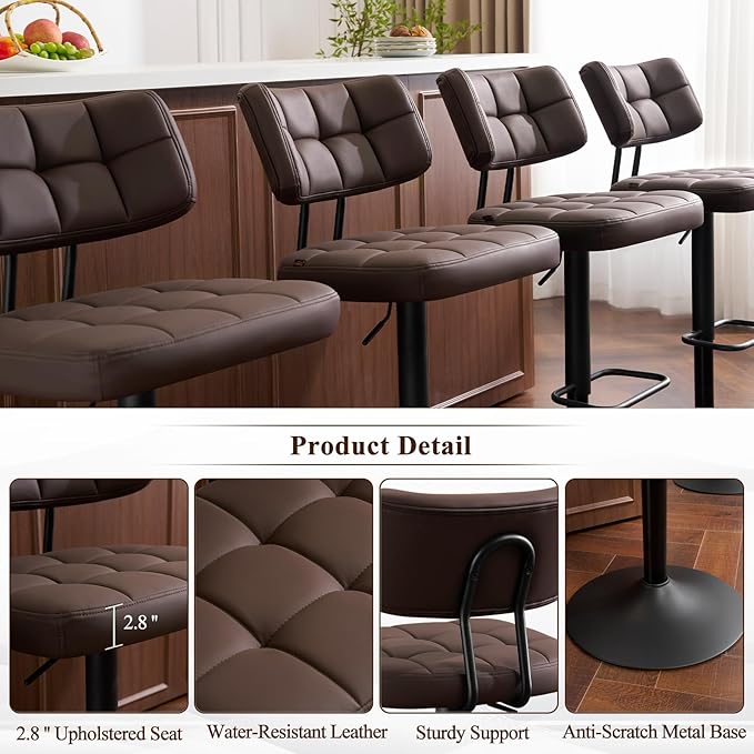 Furniliving Upholstered Bar Stools Set of 4, Faux Leather Swivel Bar Stools - Image 5