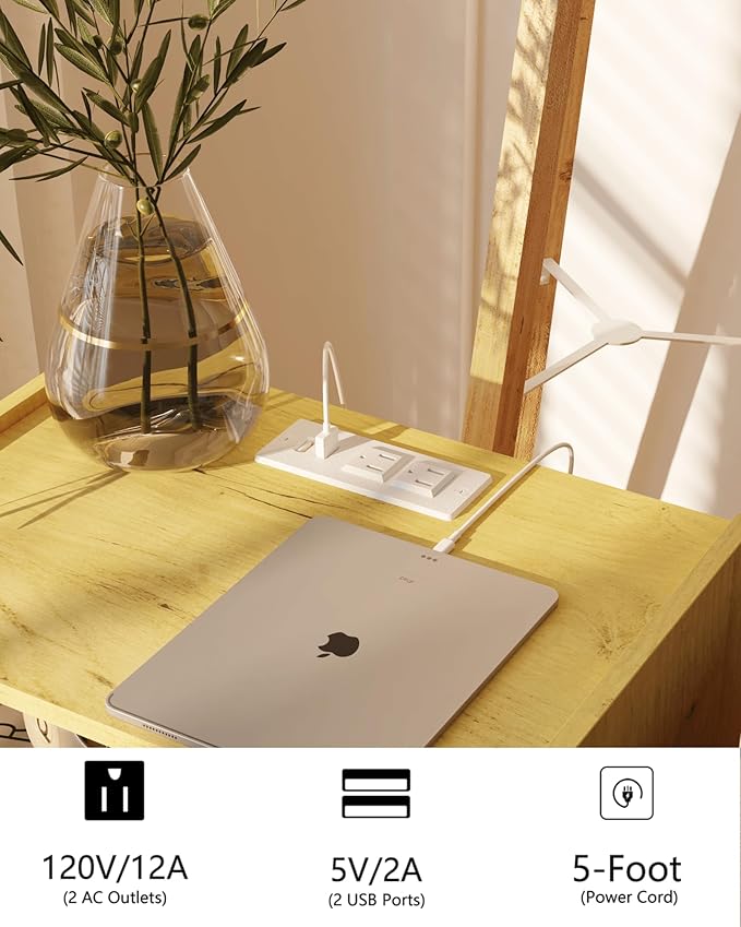 Nightstand with Outlet, Modern Bedside Table with Storage Drawer and Open Wood - Image 4