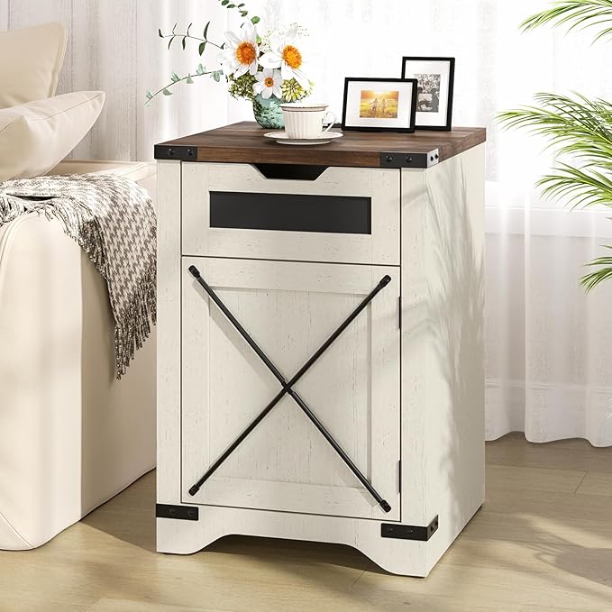 Farmhouse End Table with Charging Station, 26.4" Tall Rustic Nightstand with - Image 7