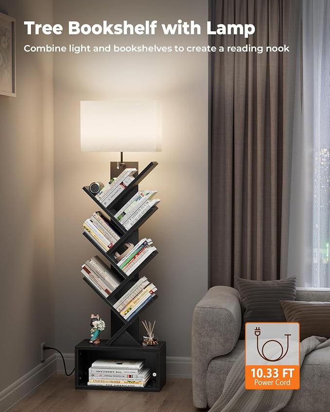 6 Tier Tree Bookshelf with Light, Narrow Bookcase Tower, Tall Floor Standing - Image 3