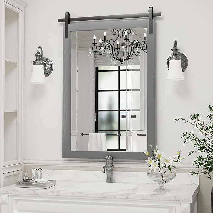 Farmhouse Wall Mirror, Rustic Wood Frame Bathroom Mirror Barn Door Inspired - Image 2
