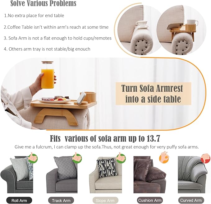 Nnewvante Couch Table on Arm, 3 in 1 Large 15.36"x9.85" Bamboo Couch Cup Holder - Image 2