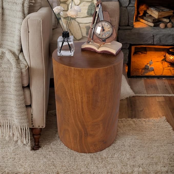 Athaliah Wooden Tree Stump End Table, 15.75" Paulownia Wood Hand Carved Rustic by Athaliah