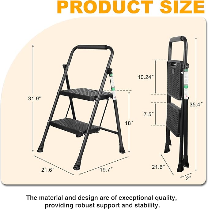 2 Step Ladder, Portable Steel Folding Step Stool - Image 4