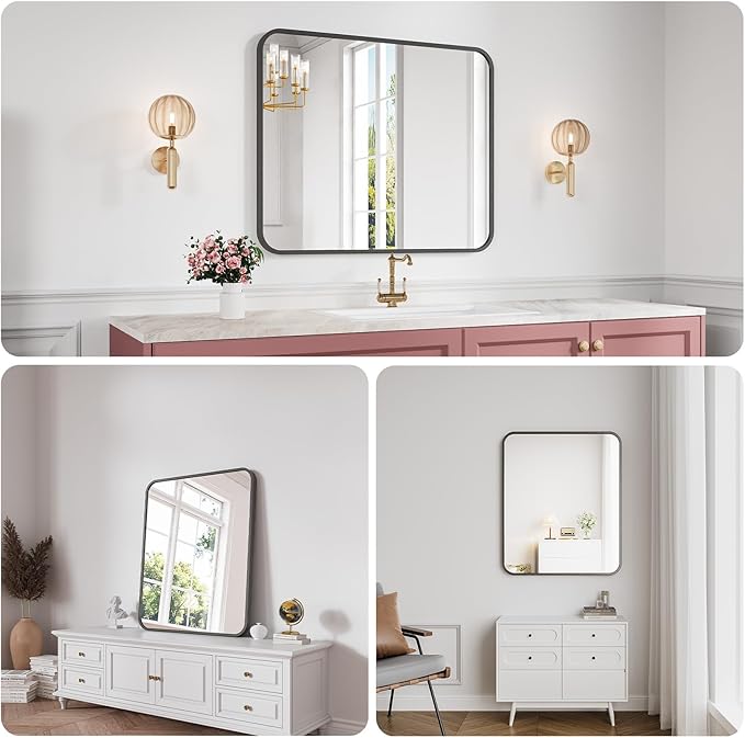 Koonmi Bathroom Mirror, 30X36 Inch Black Metal Framed Mirror - Image 4