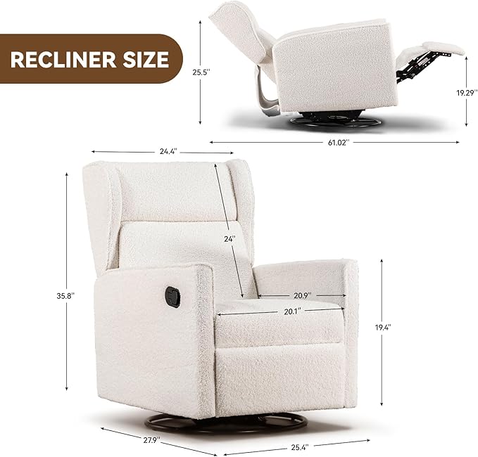 COMHOMA Nursery Rocking Chair Teddy Upholstered Swivel Rocker Recliner Manual - Image 2