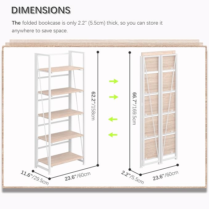 4NM No Assembly Folding Bookshelf, 5-Shelf 62.2" H Collapsible Foldable - Image 2