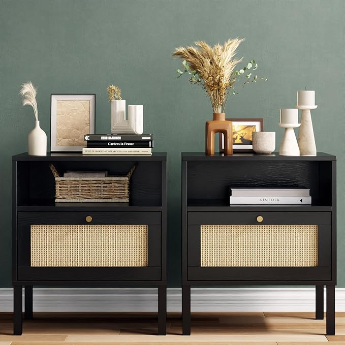Rattan Night Stand Set 2, Boho Bedside Table Black Nightstand by AngelSar